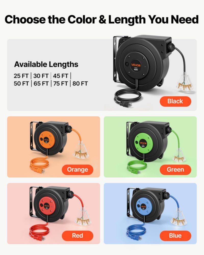 Carrete de cable de extensión retráctil VEVOR 14 m 12AWG negro 125 V