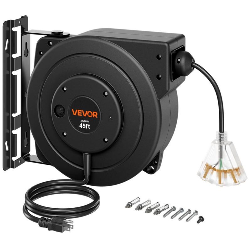 Carrete de cable de extensión retráctil VEVOR 14 m 12AWG negro 125 V