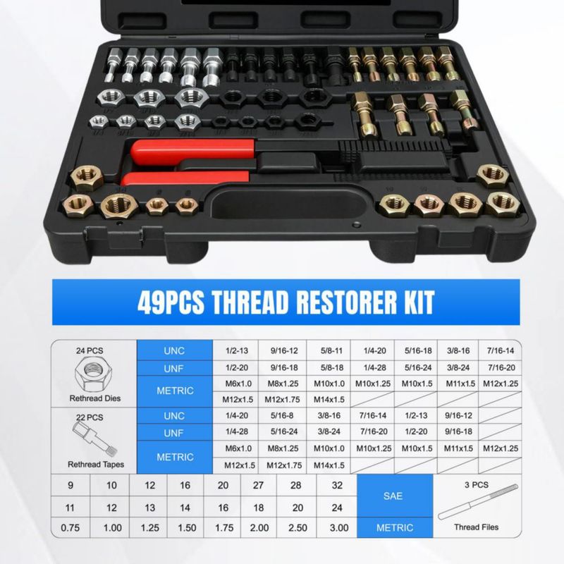Set de reparación de roscas Nilight 49 piezas SAE Métrico UNC UNF