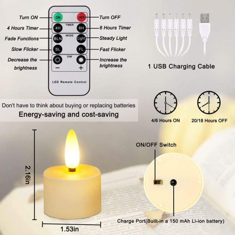 Velas LED recargables FREEPOWER – Pack de 12 con control remoto