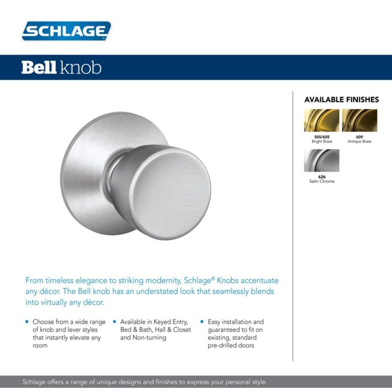 Pomo de puerta SCHLAGE F10 V BEL 605 latón brillante paso