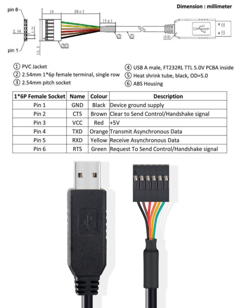 Adaptador USB a TTL DTECH 5V 18 m FTDI FT232RL de 6 pines