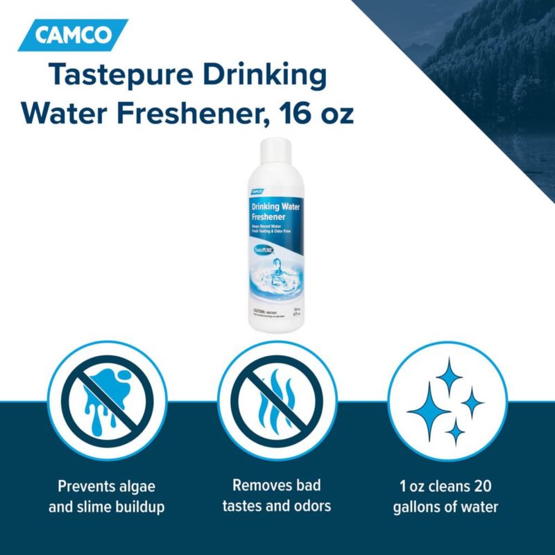 El ambientador Camco TastePure 473 ml previene las algas y el limo