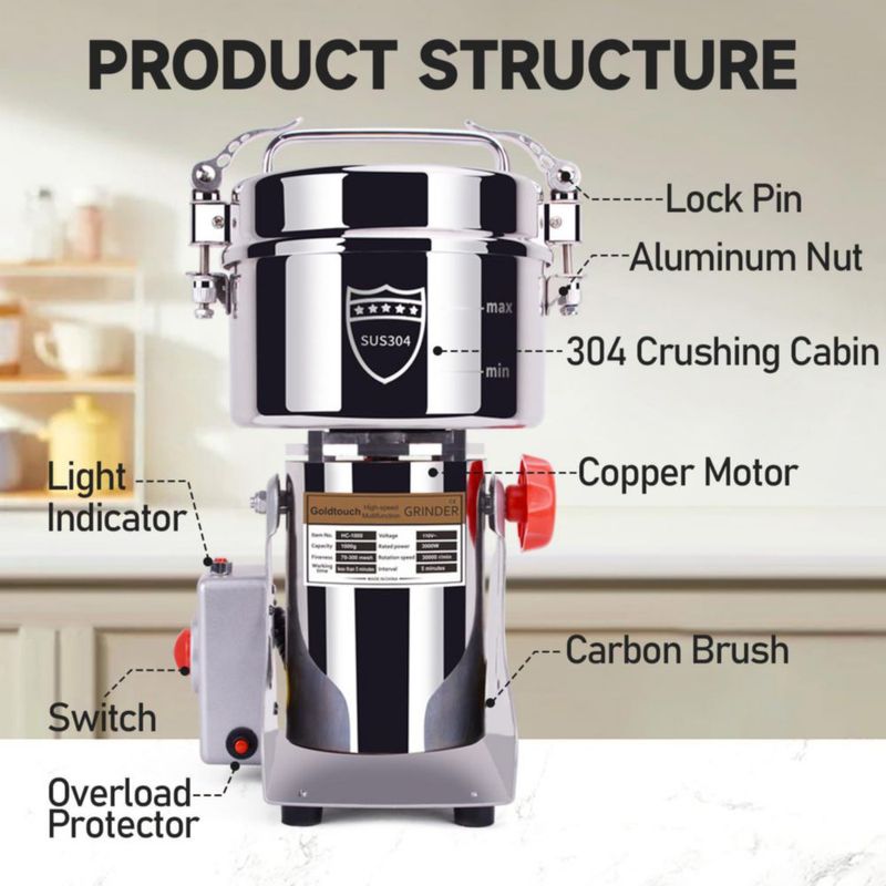 Molino de granos Goldtouch 1000 g 3000 W eléctrico de acero