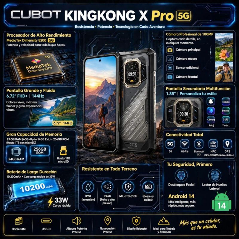Celular Cubot Kingkong X Pro 5G 256GB 48GB RAM Batería 10200mAh Rugged
