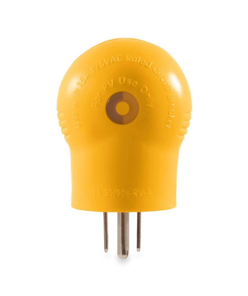 Adaptador eléctrico Camco 55325 15A macho 30A hembra 90° amarillo