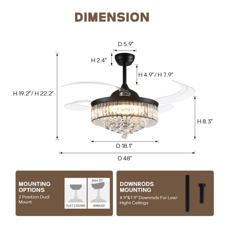 Ventilador de techo MOOONICHE 122 cm con luz retráctil y control remoto