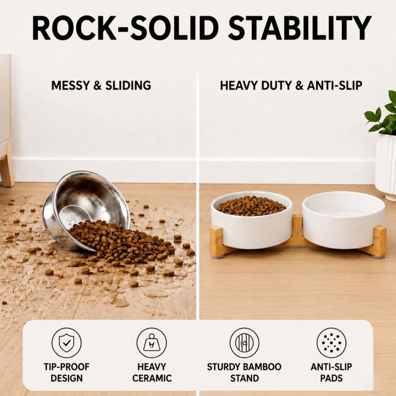 Cuenco para Perro SPUNKYJUNKY 400 ml Set de Cerámica con Soporte de Madera