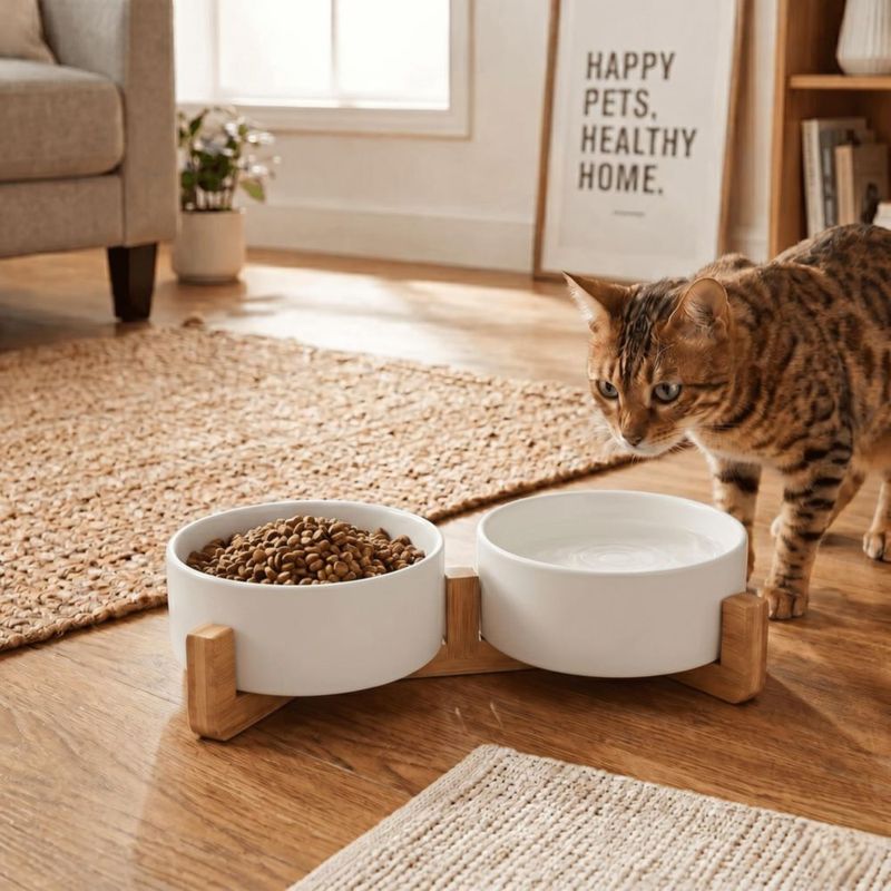 Cuenco para Perro SPUNKYJUNKY 400 ml Set de Cerámica con Soporte de Madera