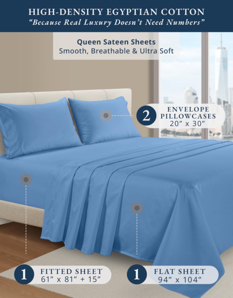 Juego de sábanas LANE LINEN Queen de algodón egipcio satén azul