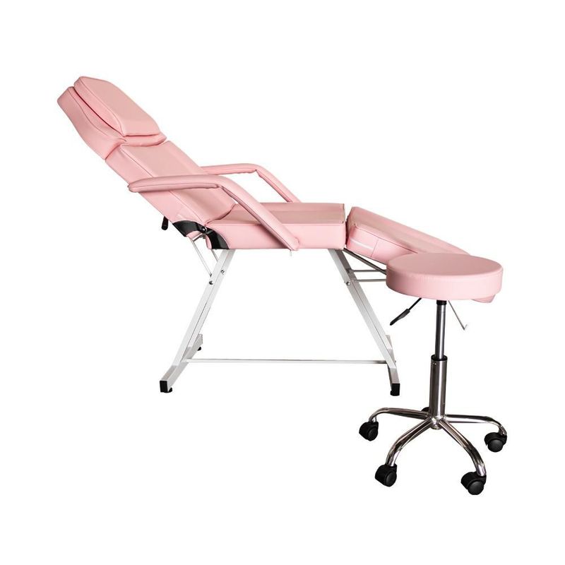 Silla Cama para Faciales y Masaje Lenivé con Banco, Respaldo y Reposapiernas Ajustables, Estructura de Acero, Rosa