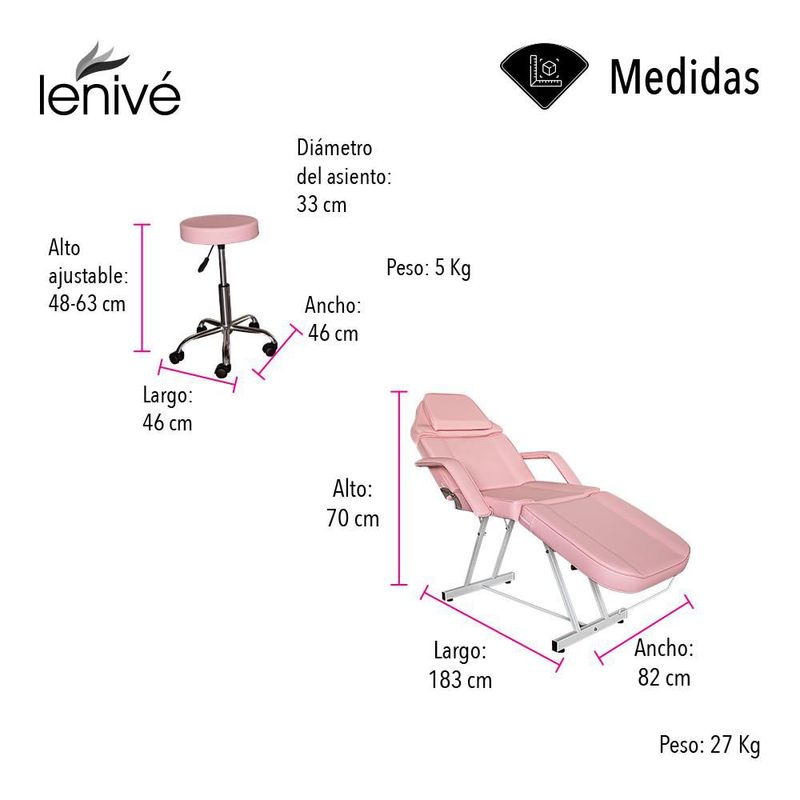 Silla Cama para Faciales y Masaje Lenivé con Banco, Respaldo y Reposapiernas Ajustables, Estructura de Acero, Rosa