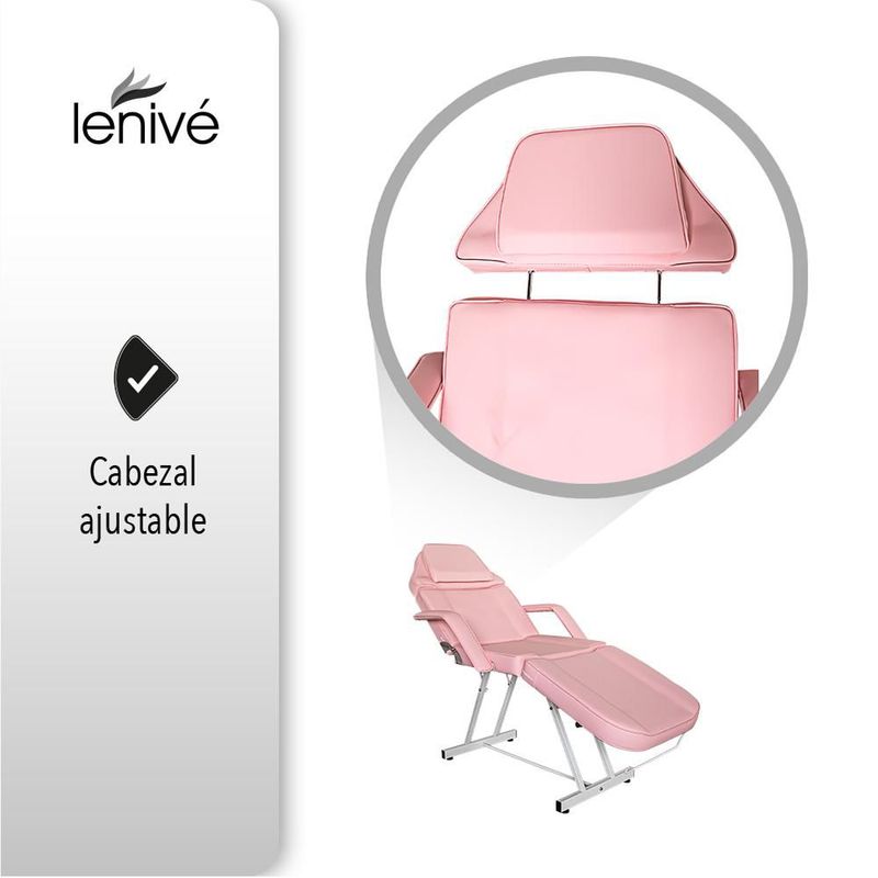 Silla Cama para Faciales y Masaje Lenivé con Banco, Respaldo y Reposapiernas Ajustables, Estructura de Acero, Rosa