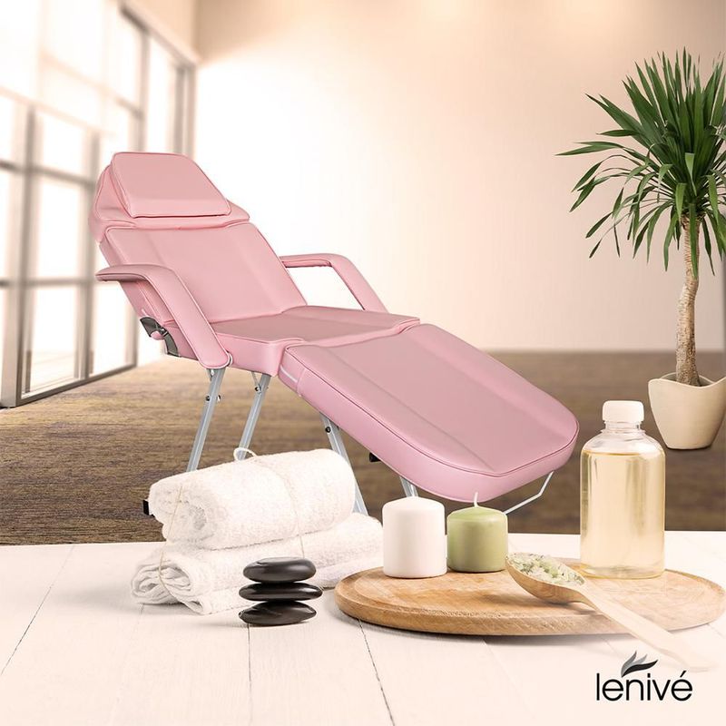 Silla Cama para Faciales y Masaje Lenivé con Banco, Respaldo y Reposapiernas Ajustables, Estructura de Acero, Rosa