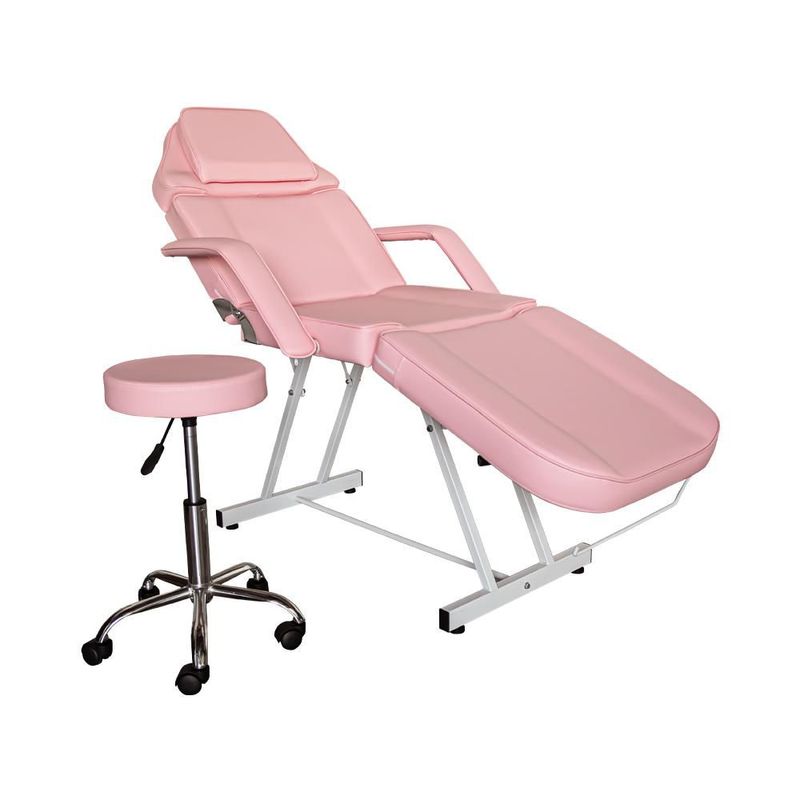 Silla Cama para Faciales y Masaje Lenivé con Banco, Respaldo y Reposapiernas Ajustables, Estructura de Acero, Rosa