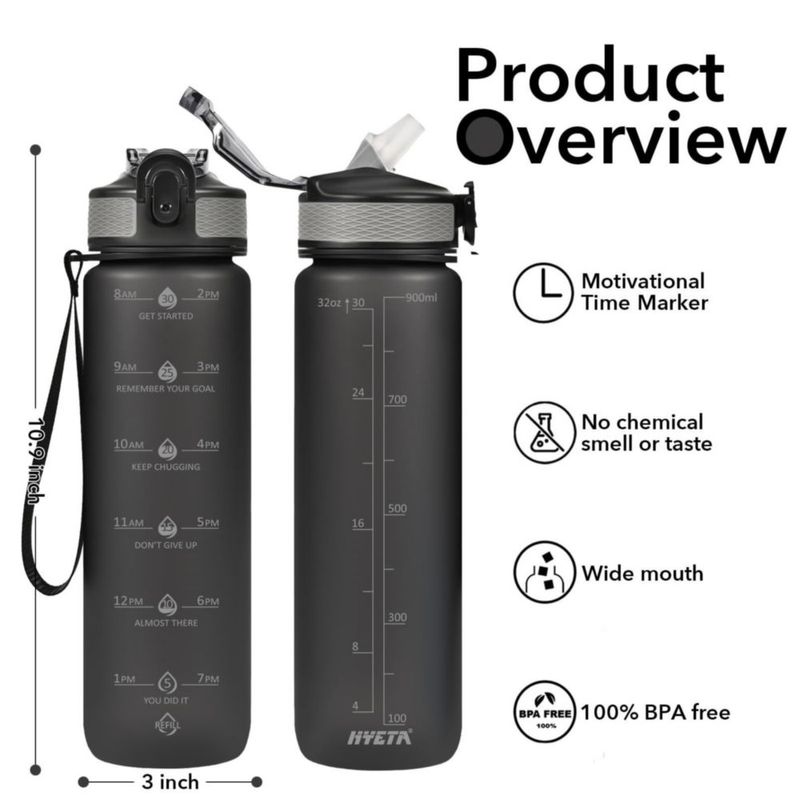 Botella de Agua Hyeta 950 ml con Pajilla y Marcador de Tiempo