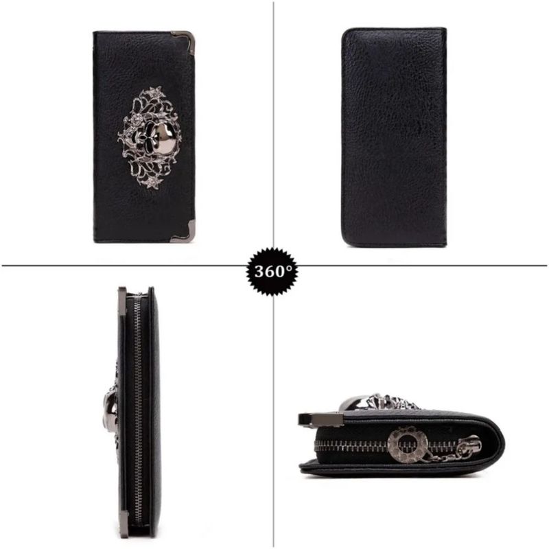 Cartera Larga Calavera Con Cremallera, Color Negro