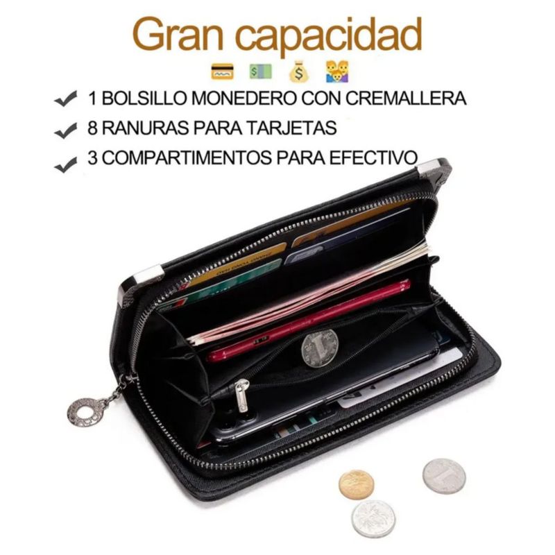 Cartera Larga Calavera Con Cremallera, Color Negro