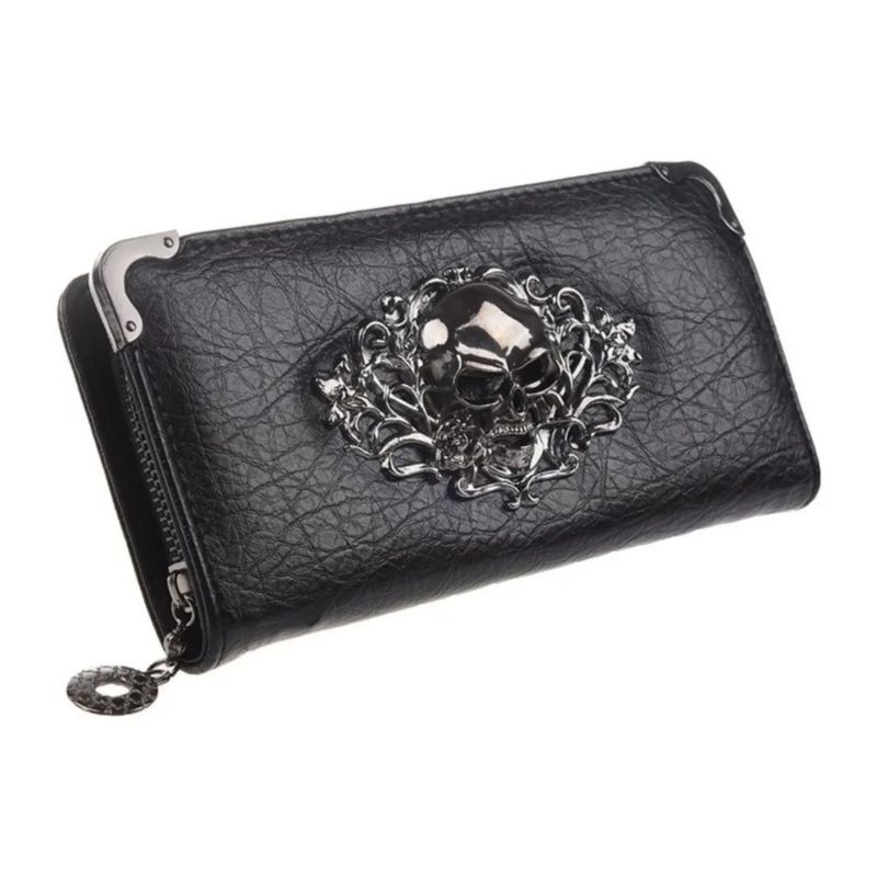 Cartera Larga Calavera Con Cremallera, Color Negro