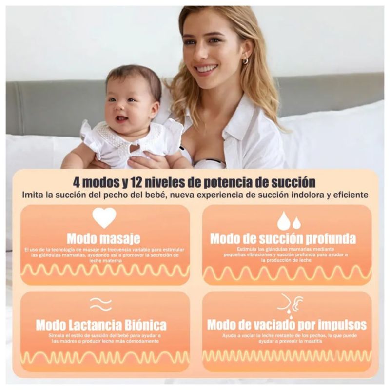 Sacaleches Eléctrico Manos Libres Portátil, 4 Modos 12 Niveles, Color Blanco/Rosa