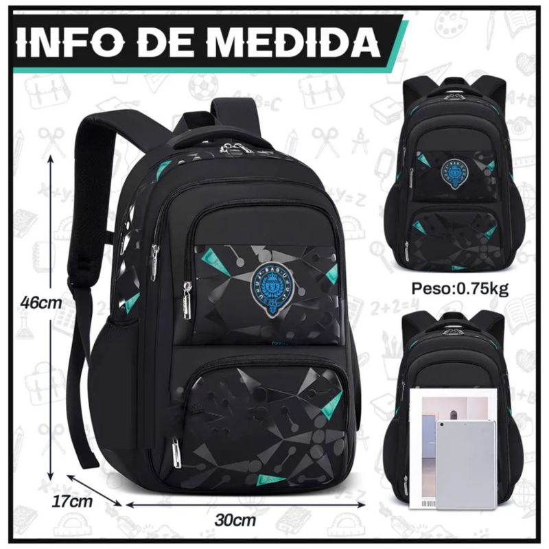 Mochila Escolar Impermeable Negra 30L Con Bolsillo Para Botella, Color Negro