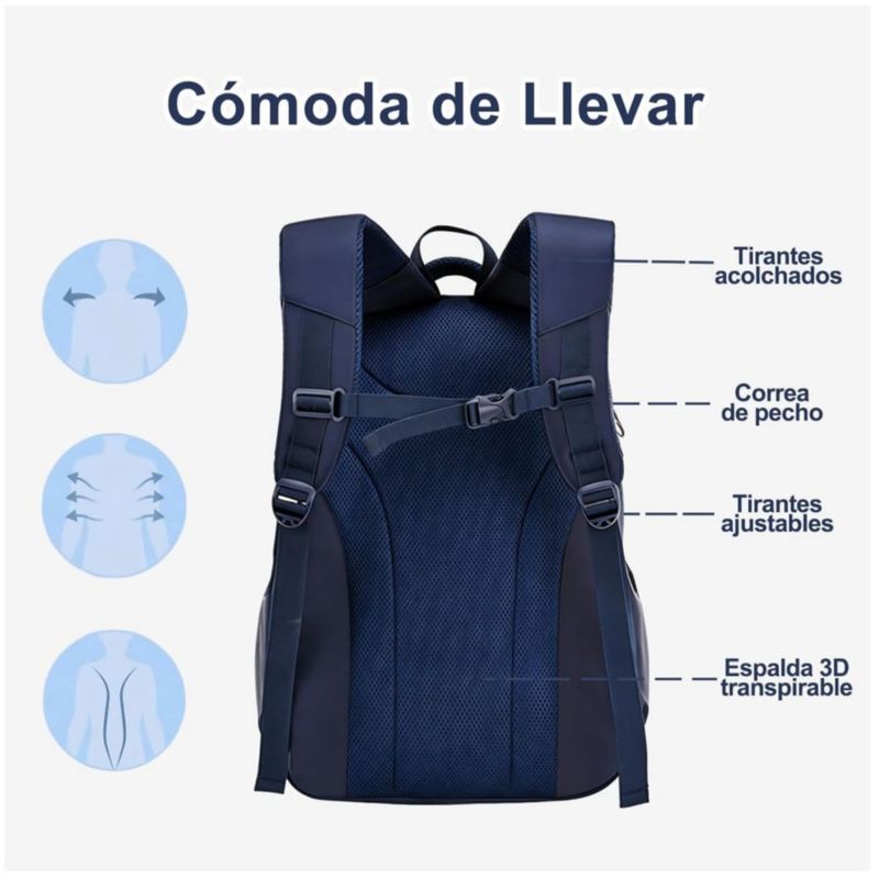Mochila Escolar Impermeable Negra 30L Con Bolsillo Para Botella, Color Negro