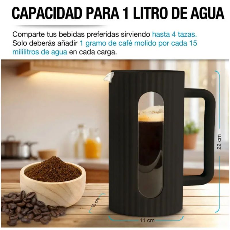 Cafetera Prensa Francesa Dilimi Acero Inoxidable Vidrio 1L, Color Negro