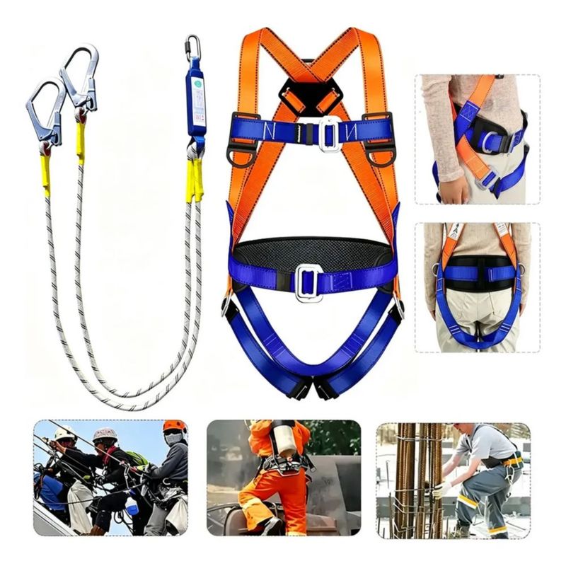 Kit Arnés Seguridad Todo El Cuerpo Amortiguador Con Gancho, Color Naranja y Azul