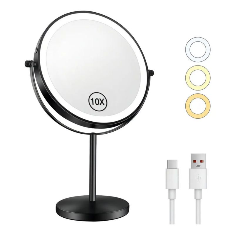 Espejo Maquillaje con Luz LED, Aumento 10X y 3 Colores de Luz para Tocador,  Color Negro
