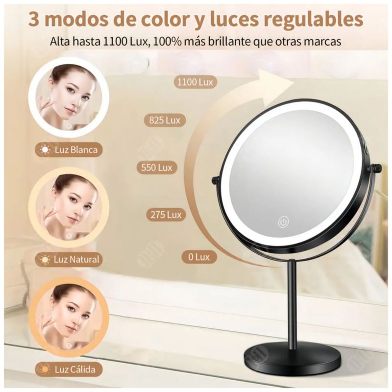 Espejo Maquillaje con Luz LED, Aumento 10X y 3 Colores de Luz para Tocador,  Color Negro