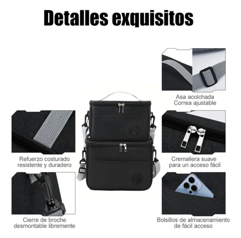 2pcs Lonchera Térmica Correa Hombro Almuerzo, Color Negro