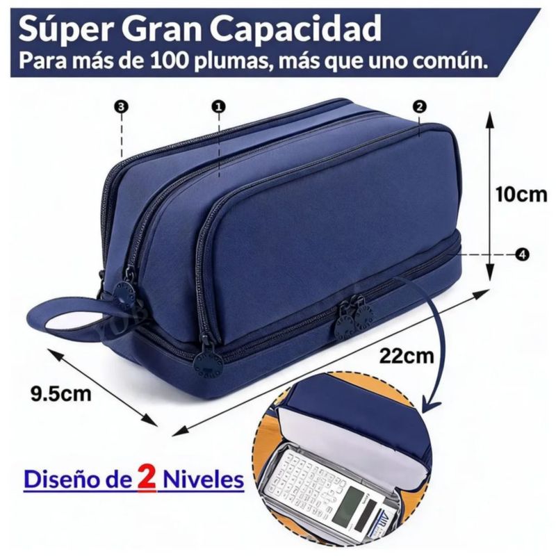 Lapicera 4 Capa De Gran Capacidad Estuche Organizador Color Azul Oscuro