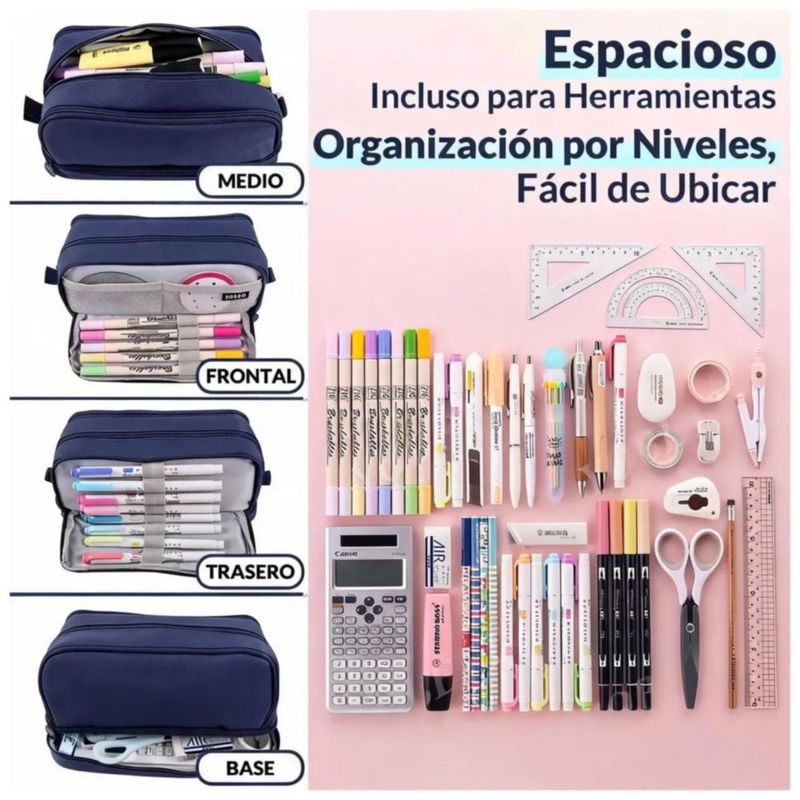 Lapicera 4 Capa De Gran Capacidad Estuche Organizador Color Azul Oscuro