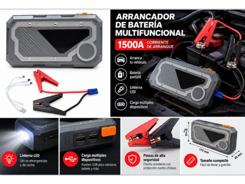 Arrancador de Batería Portátil Multifuncional 1500A 2800mAh con Pinzas para Autos y Motos con Linterna LED