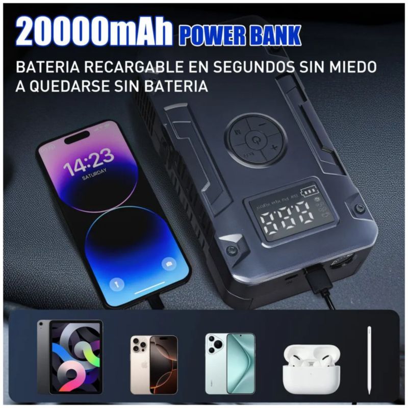 Arrancador de Auto con Compresor de Aire 150 PSI y Powerbank para Vehículos, Color Negro