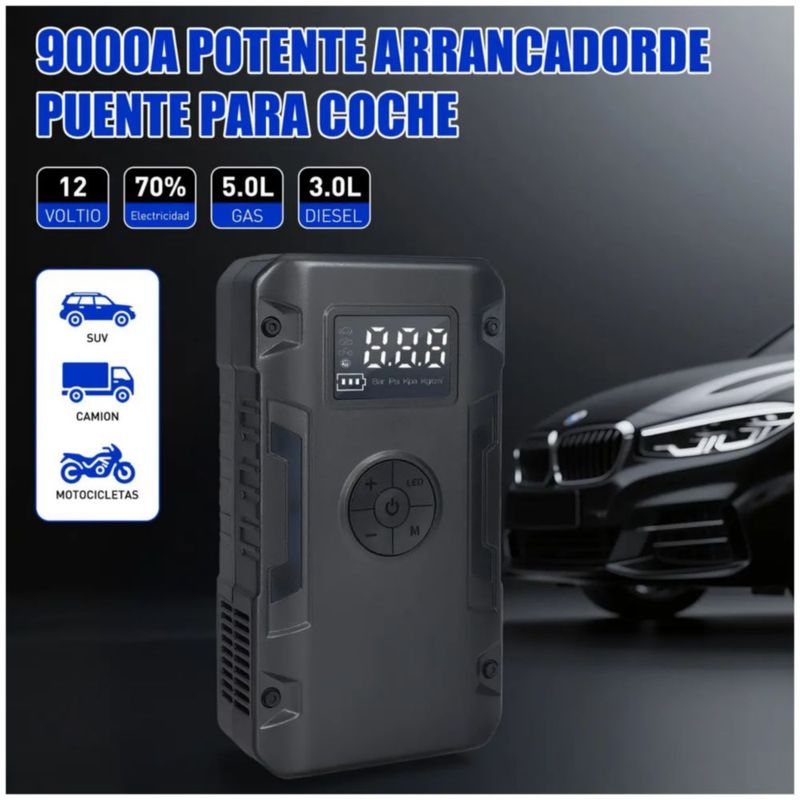 Arrancador de Auto con Compresor de Aire 150 PSI y Powerbank para Vehículos, Color Negro
