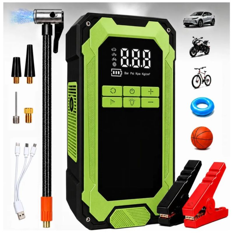 Arrancador y Compresor de Batería Portátil  para Auto, Moto y Bicicleta, Color Verde y Negro