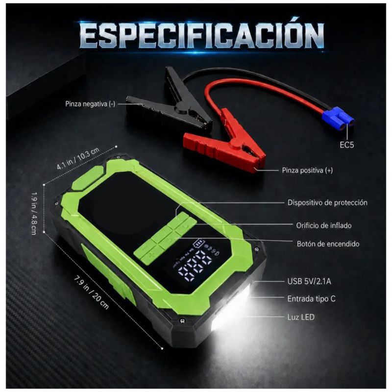 Arrancador y Compresor de Batería Portátil  para Auto, Moto y Bicicleta, Color Verde y Negro