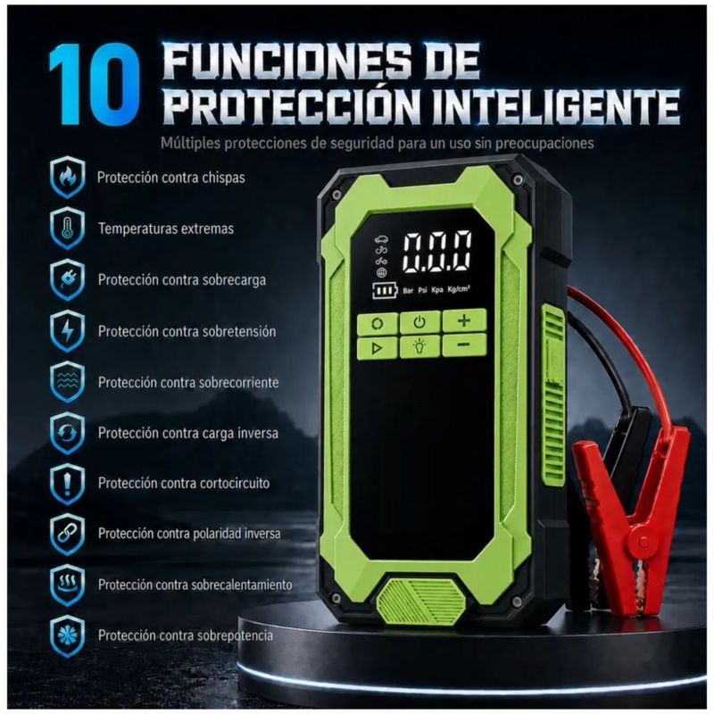 Arrancador y Compresor de Batería Portátil  para Auto, Moto y Bicicleta, Color Verde y Negro