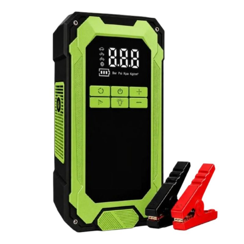 Arrancador y Compresor de Batería Portátil  para Auto, Moto y Bicicleta, Color Verde y Negro