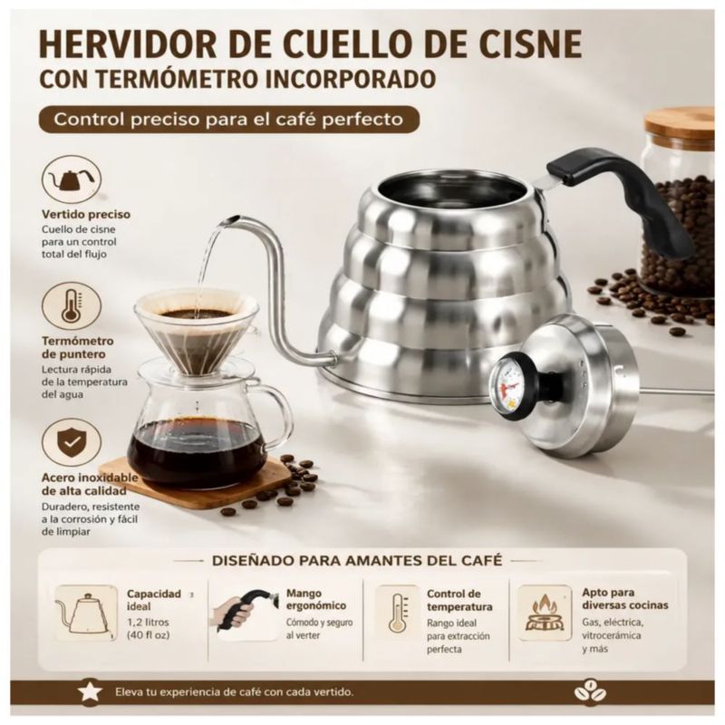 Tetera Cuello De Cisne Con Termmetro Cafetera Acero Inox 1L, Color Plata