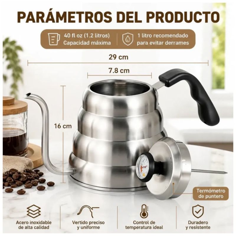 Tetera Cuello De Cisne Con Termmetro Cafetera Acero Inox 1L, Color Plata