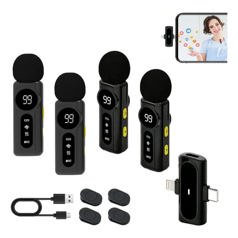 4 Micrófono Lavalier Inalámbrico Team Para Iphone,android, Color Negro
