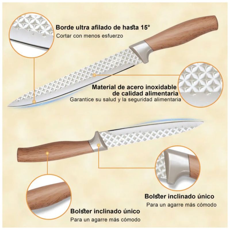 Juego De 7 Cuchillo De Acero Inoxidable, Textura De Diamante Color Caqui