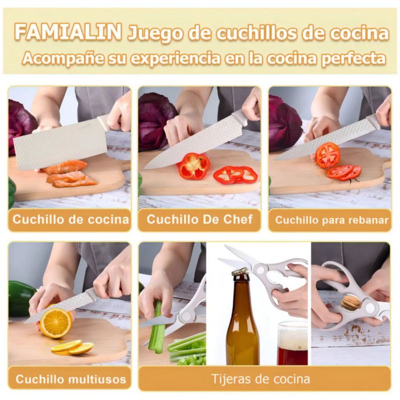Juego De 7 Cuchillo De Acero Inoxidable, Textura De Diamante Color Caqui