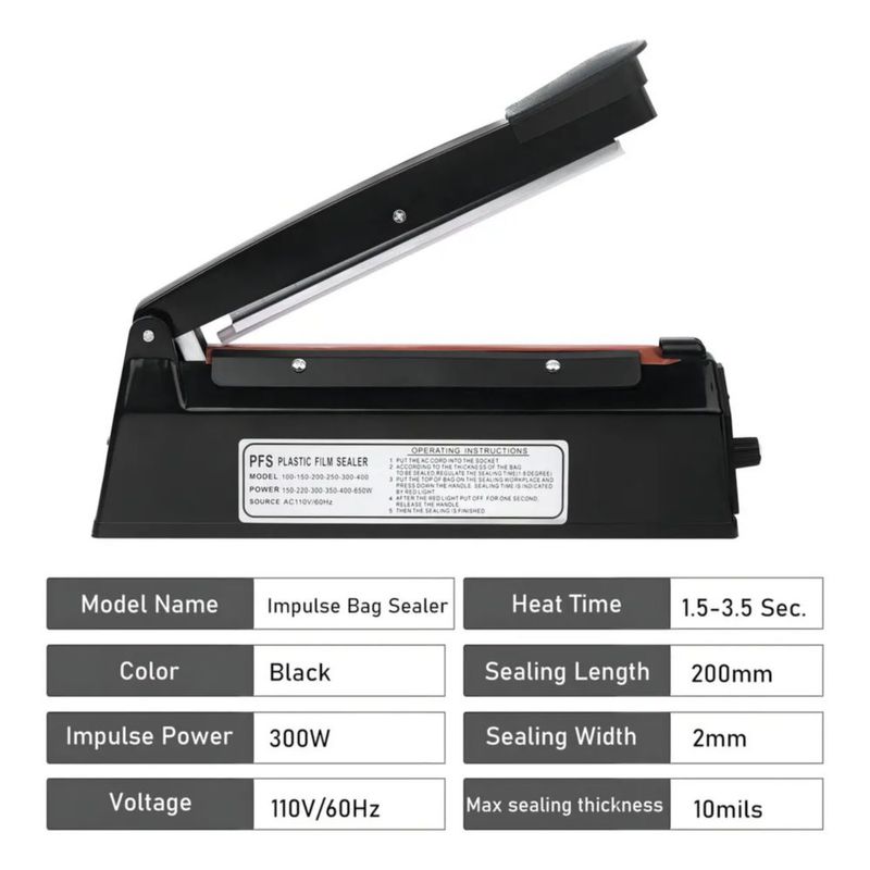Sellador De Bolsas Máquina De Selladora Térmico 20cm 300w Color Negro