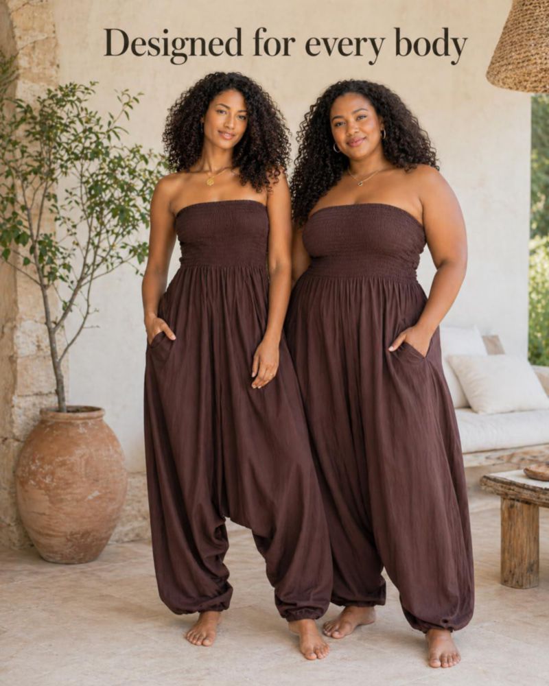 Mono 2 en 1 Likemary de algodón color marrón – pantalones estilo harén
