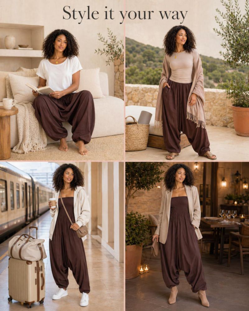 Mono 2 en 1 Likemary de algodón color marrón – pantalones estilo harén