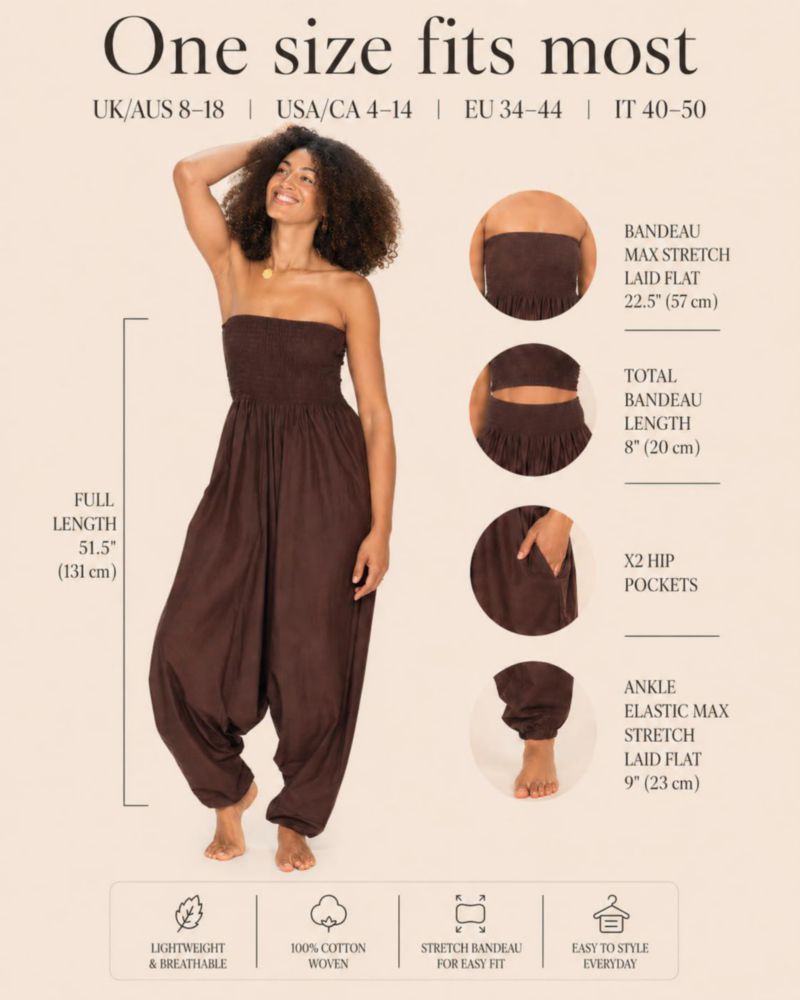 Mono 2 en 1 Likemary de algodón color marrón – pantalones estilo harén