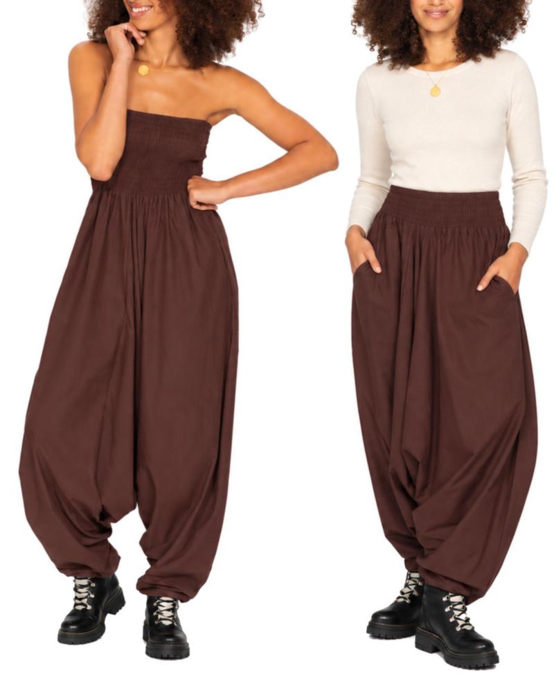Mono 2 en 1 Likemary de algodón color marrón – pantalones estilo harén